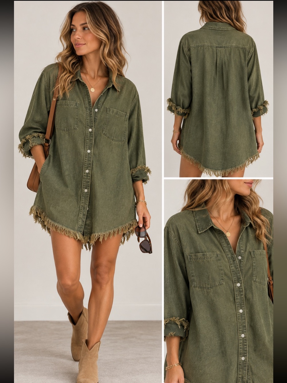 Olive Frayed-Hem Button-Down Tunic Shirt